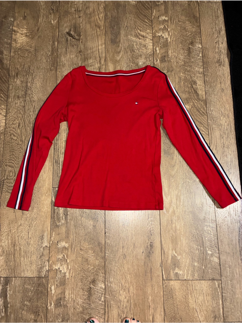 Tommy Hilfiger Red Long-Sleeve Stripe-Trim Top
